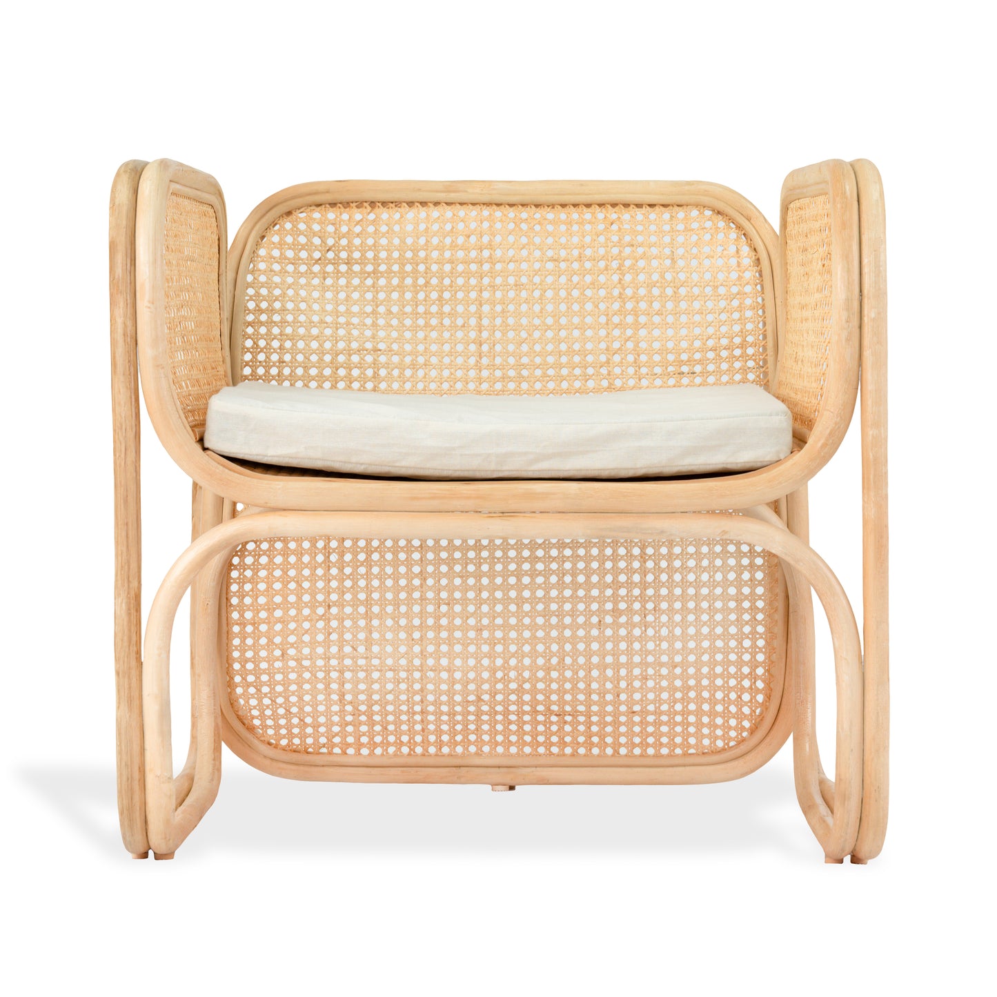 Rattan chair with a white cushion on a white background