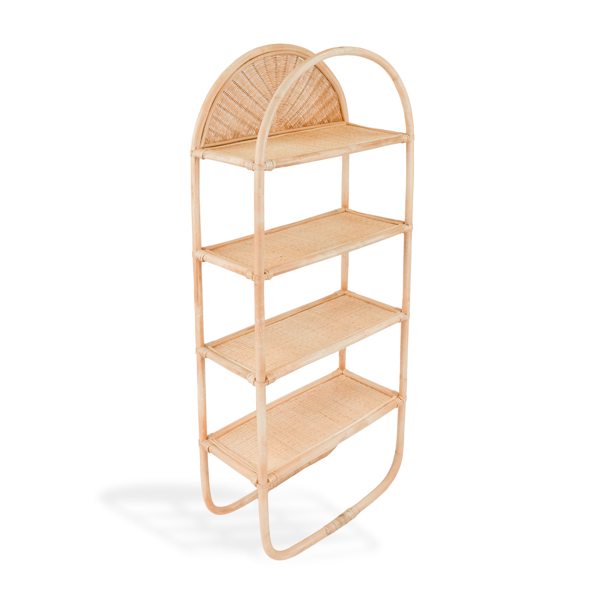 Rattan shelf with curved top on a white background
