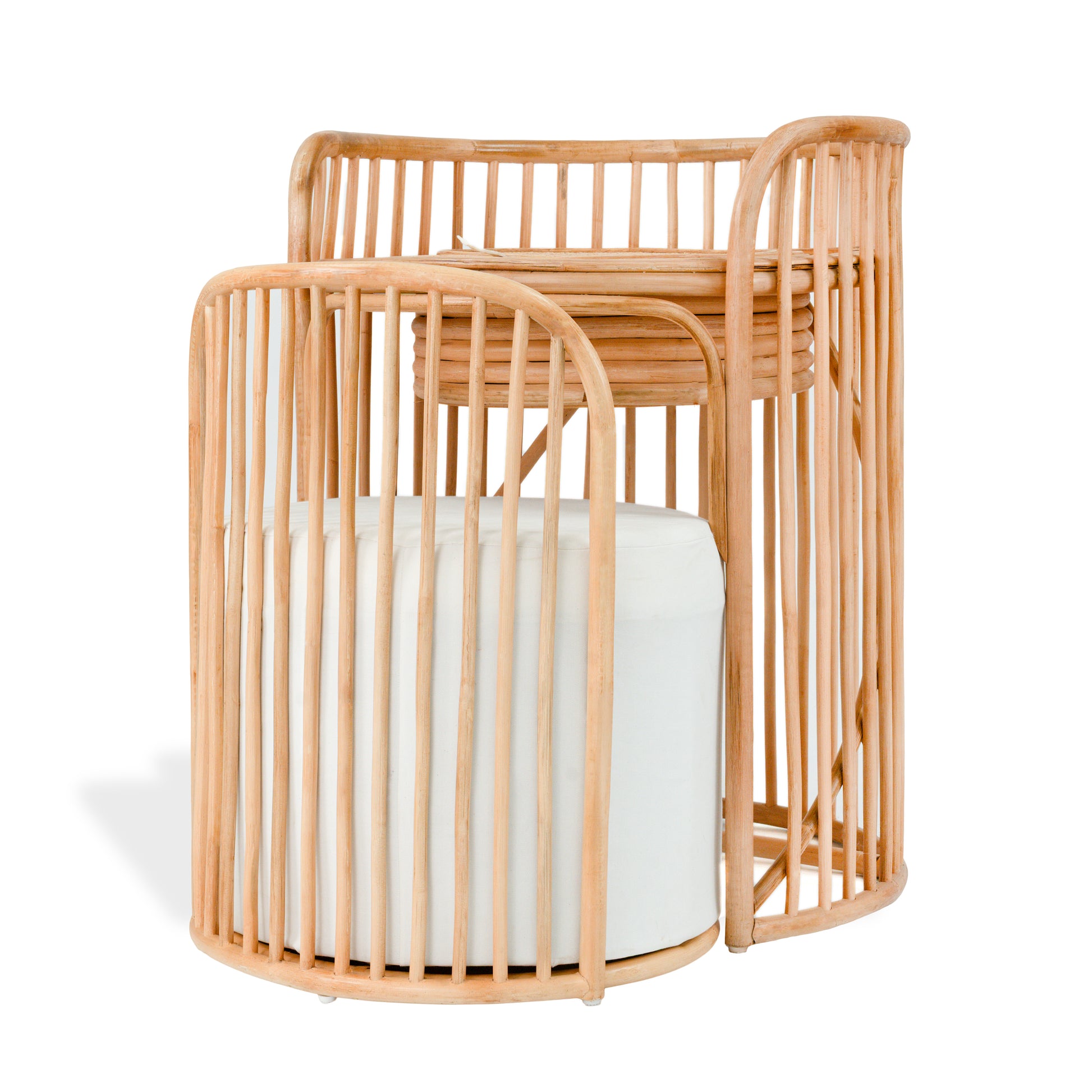 Rattan mirror vanity and stool set on a white background