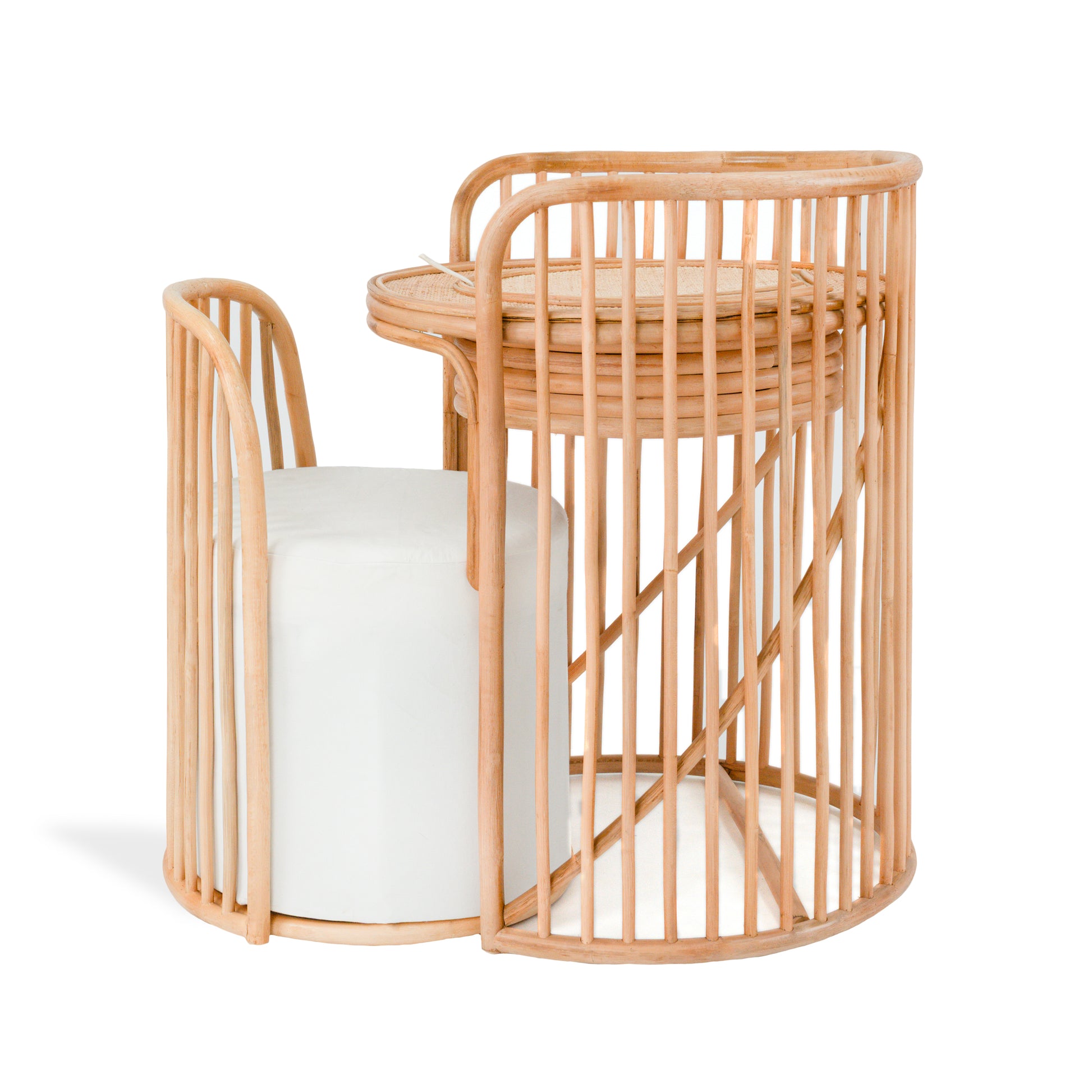 Rattan mirror vanity and stool set on a white background