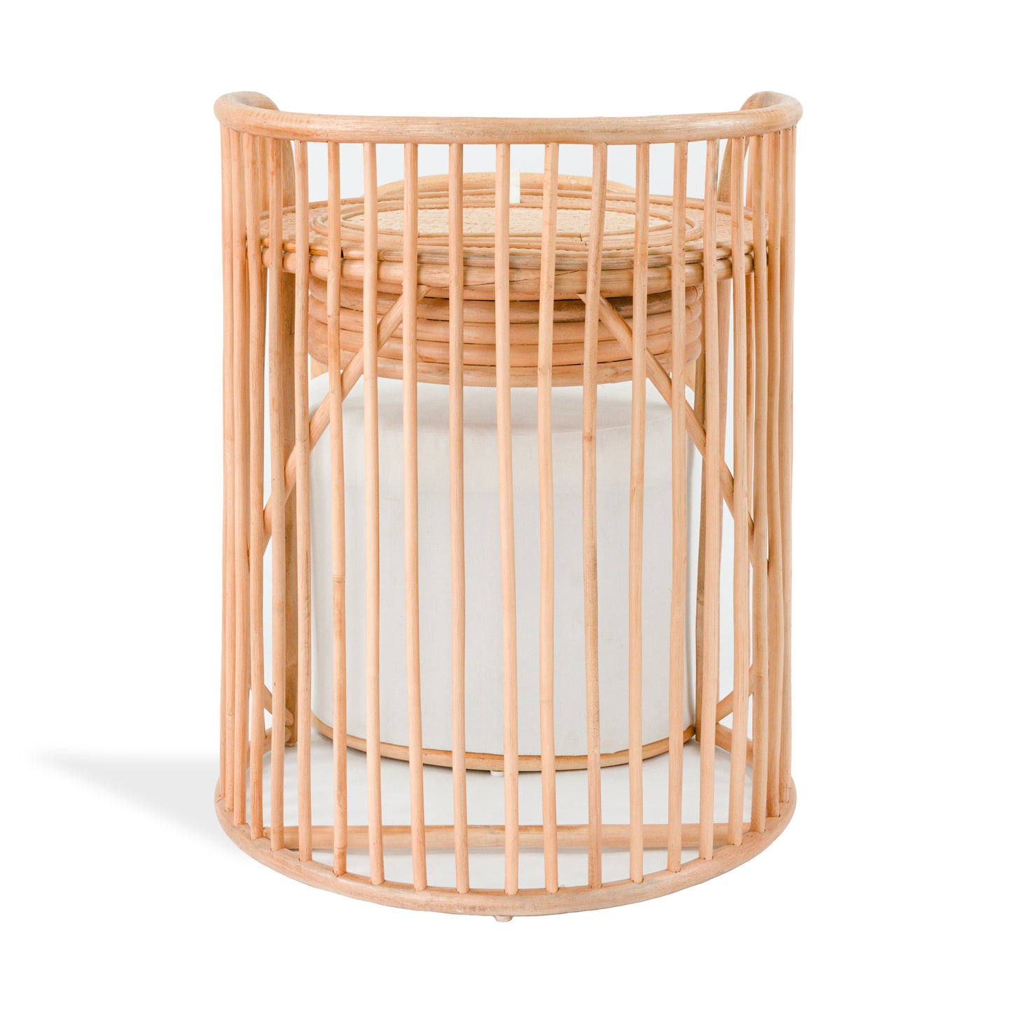Rattan mirror vanity and stool set on a white background