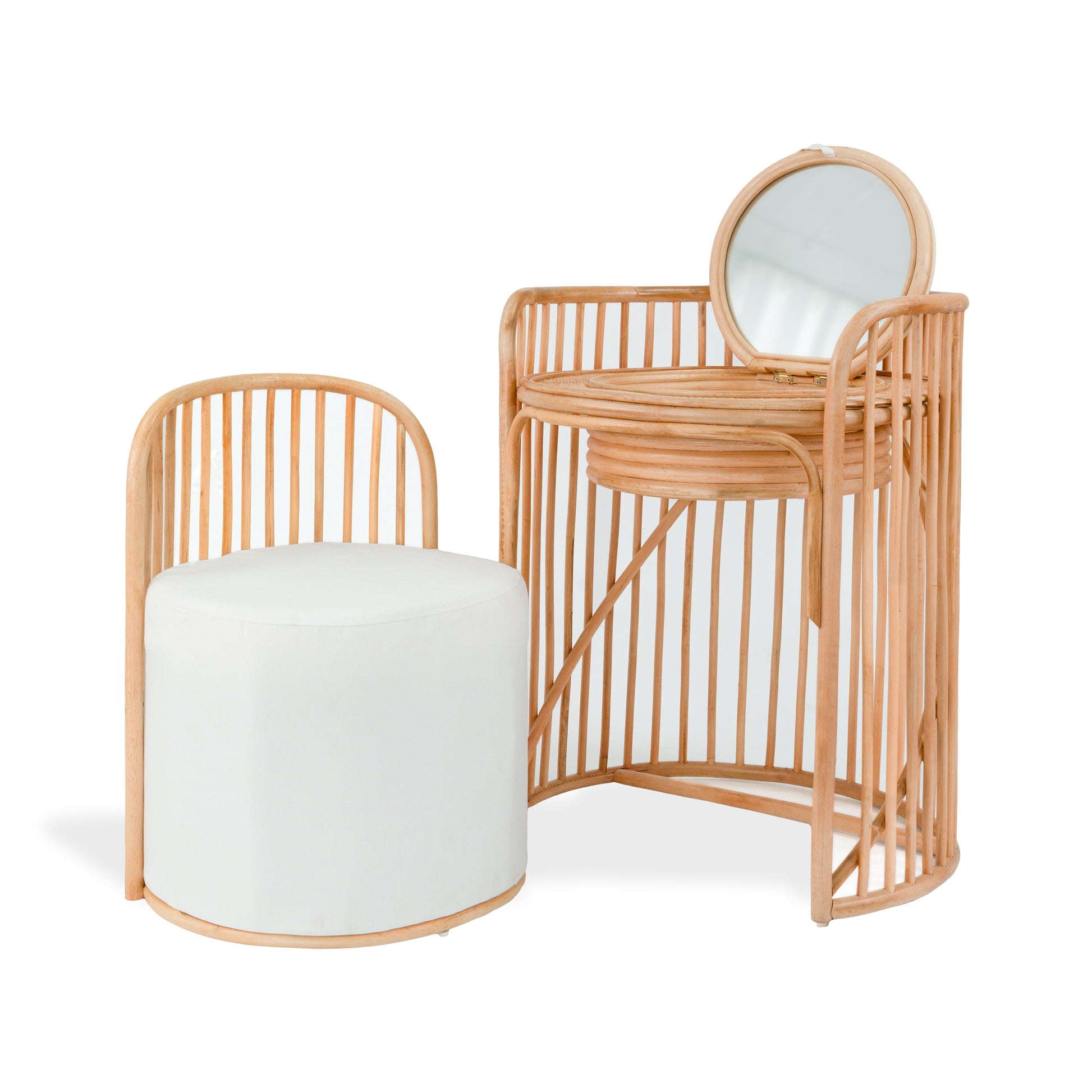 Rattan mirror vanity and stool set on a white background