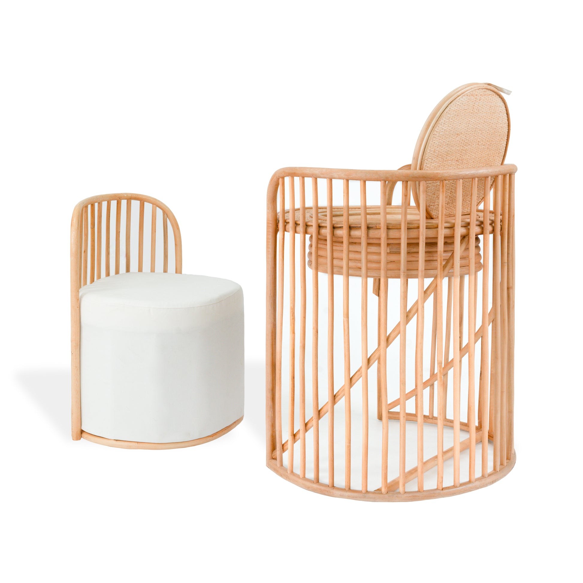 Rattan mirror vanity and stool set on a white background