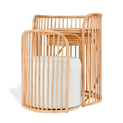 Rattan mirror vanity and stool set on a white background