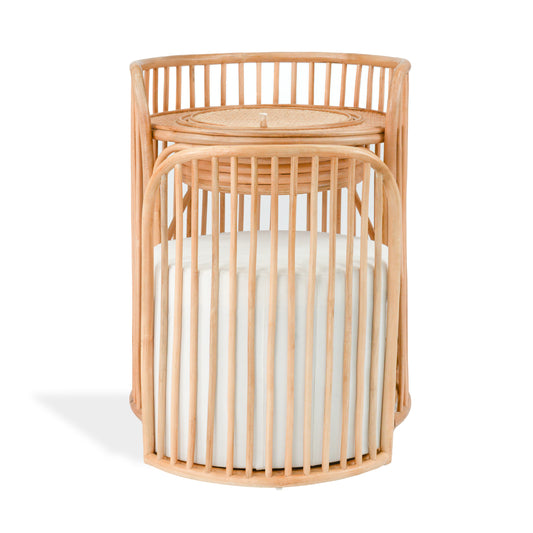 Rattan mirror vanity and stool set on a white background