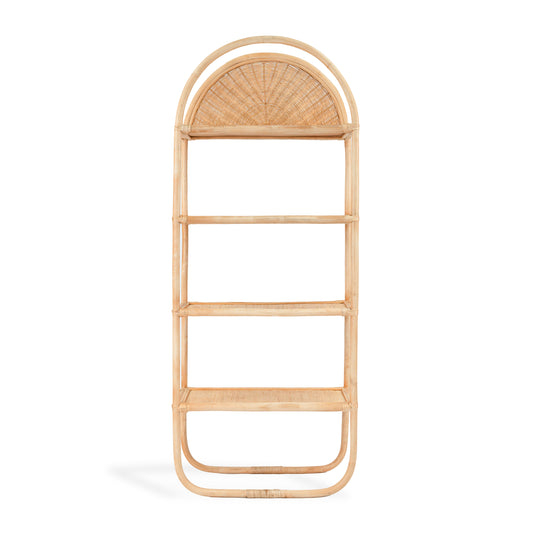 Rattan shelf with curved top on a white background